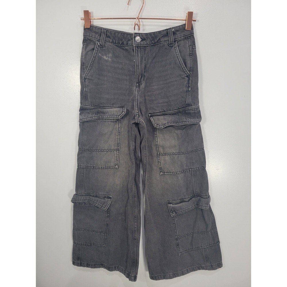 HM Divided Women Dark Grey Wide‎ Leg Cargo Jeans Baggy High Rise Utility Size 0S